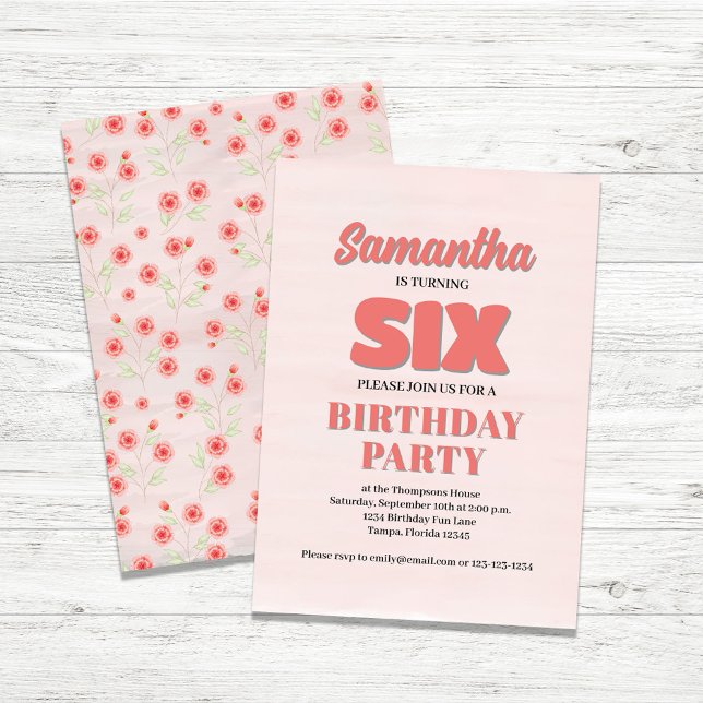 Invitation Fête d'anniversaire de six ans de jolies filles Fl (Girl's Sixth birthday party invitations. )