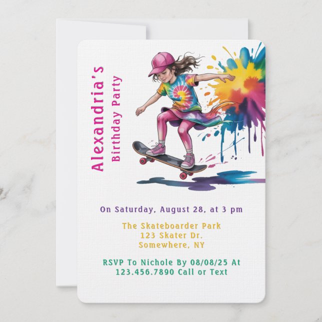 Invitation Fête d'anniversaire de skateboard de fille peinte  (Devant)