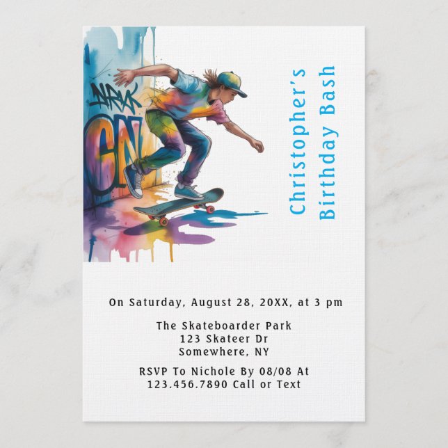 Invitation Fête d'anniversaire de skateboard graffiti coloré  (Devant)