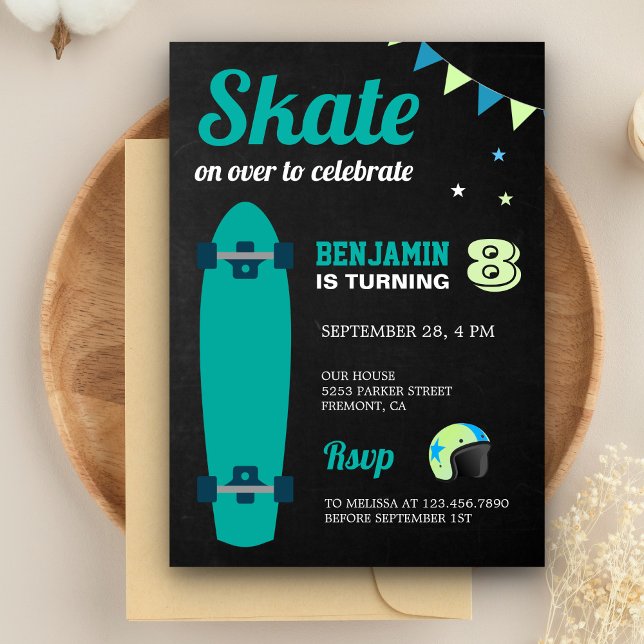 Invitation Fête d'anniversaire de skateboard pour enfants (Créateur téléchargé)
