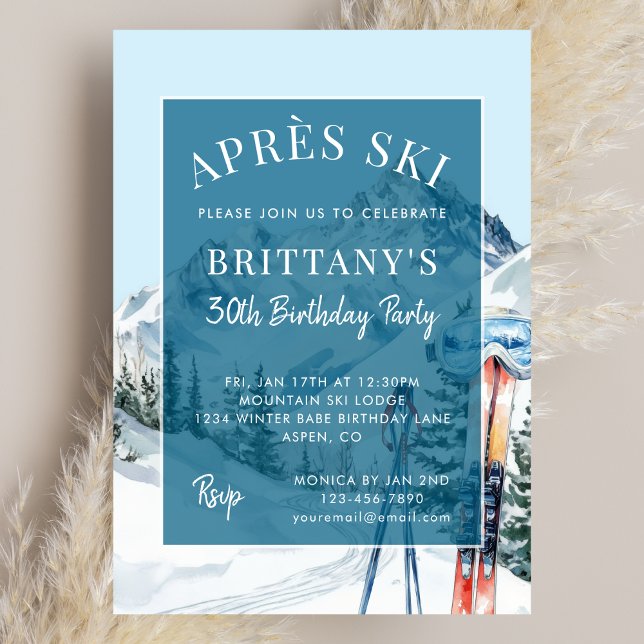 Invitation Fête d'anniversaire de ski d'hiver aquarelle d'apr (Créateur téléchargé)