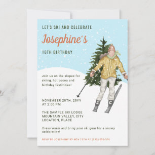 Invitation Fête d'anniversaire de ski fille aquarelle Ski d'h