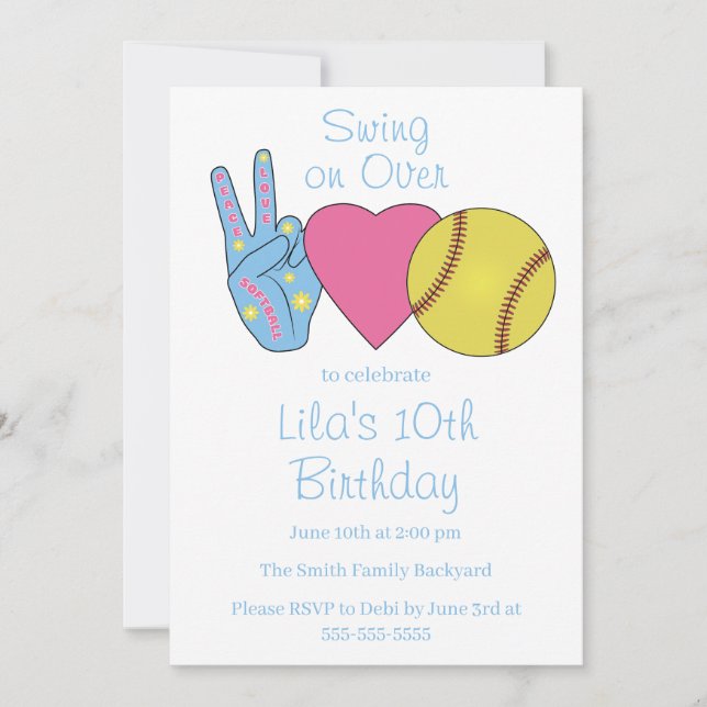 Invitation Fête d'anniversaire de softball Amour Paix Bleue (Devant)