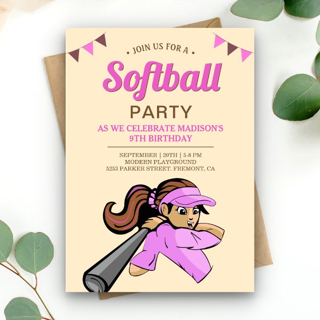Invitation Fête d'anniversaire de softball rose (Créateur téléchargé)