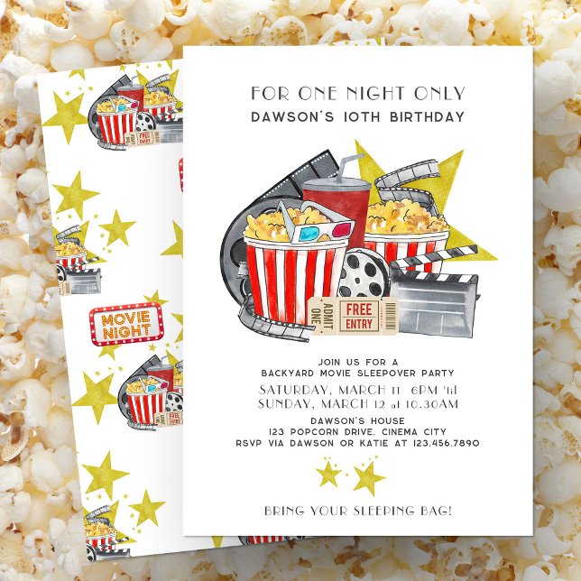 Invitation Fête d'anniversaire de soirée pyjama à thème de fi (For One Night Only Backyard Movie Sleepover invite from my Kids Birthday Invitation collection)