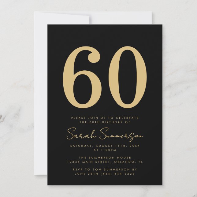 Invitation Fête d'anniversaire de soixante ans noir or modern (Devant)