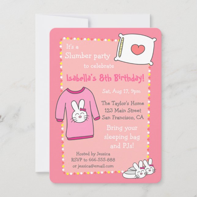 Invitation Fête d'anniversaire de sommeil pour filles, Pyjama (Devant)