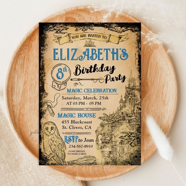 Invitation Fête d'anniversaire de sorcière de magicien bleu (Zazzle Magic Wizard Witch Blue Birthday Party Invitation)