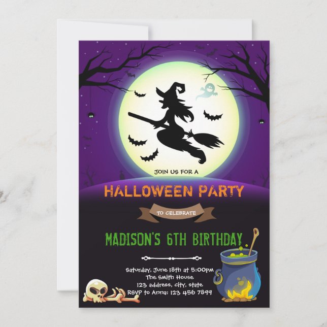 Invitation Fête d'anniversaire de sorcière d'Halloween (Devant)