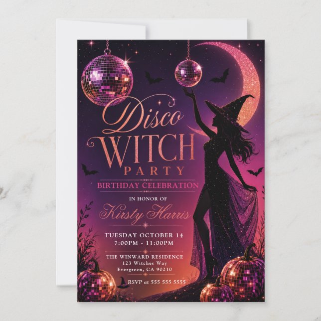 Invitation Fête d'anniversaire de sorcière disco (Devant)
