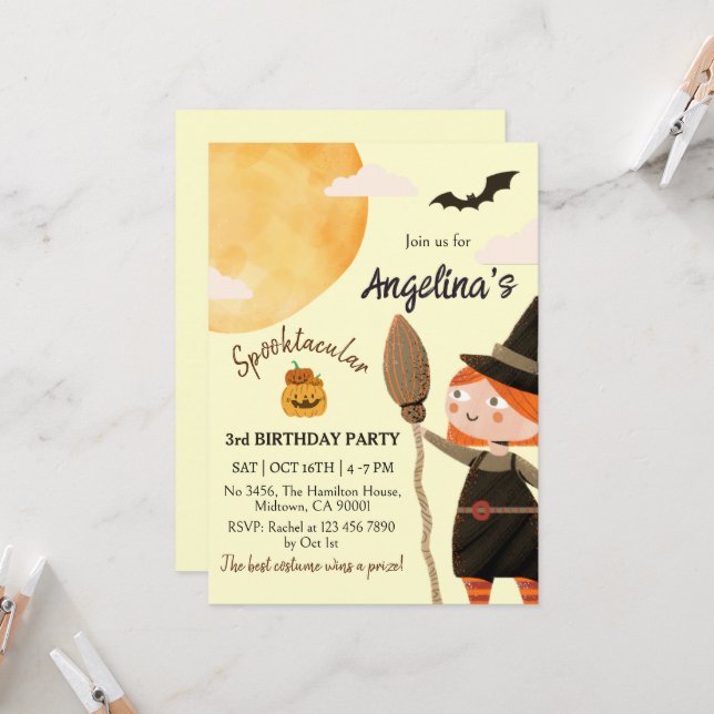 Invitation Fête d'anniversaire de sorcière effrayante Hallowe (Devant/Arrière en situation)