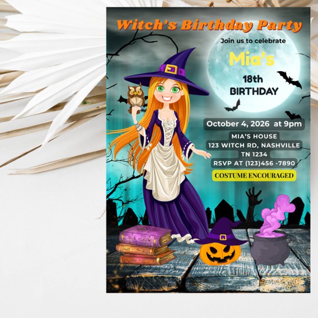 Invitation Fête d'anniversaire de sorcière Fête d'Halloween (Créateur téléchargé)