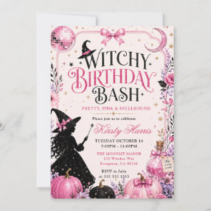 Invitation Fête d'anniversaire de sorcière Halloween rose