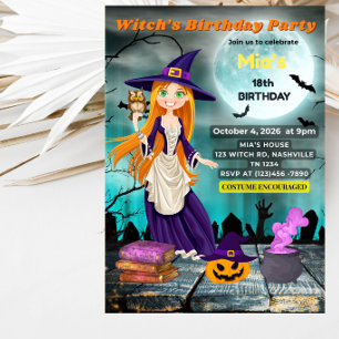 Invitation Fête d'anniversaire de sorcière mignonne et effray