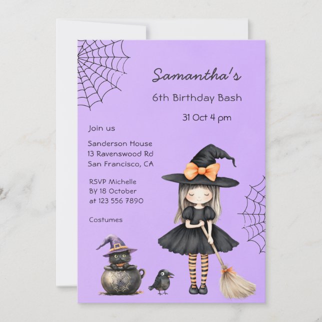 Invitation Fête d'anniversaire de sorcière mignonne Halloween (Devant)