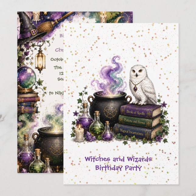 Invitation Fête d'anniversaire de sorcières et magiciens magi (Devant / Derrière)