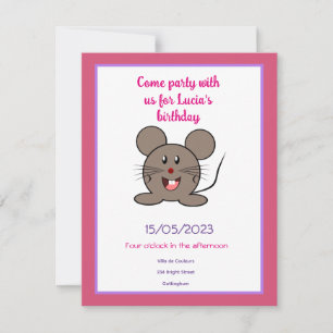 Invitation Fête d'anniversaire de souris grise souriante