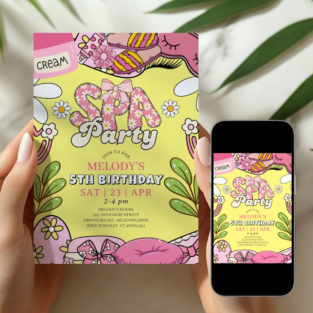 Invitation Fête d'anniversaire de spa rétro rose et jaune aux (Créateur téléchargé)