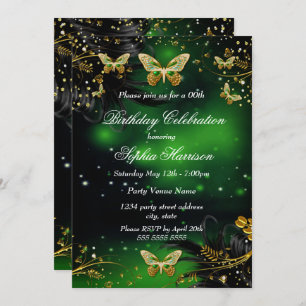 Invitation Fête d'anniversaire de Sparkle Green Gold Butterfl