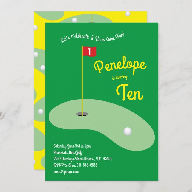 Invitation Fête d'anniversaire de sport de golf mini mignon p (Devant / Derrière)