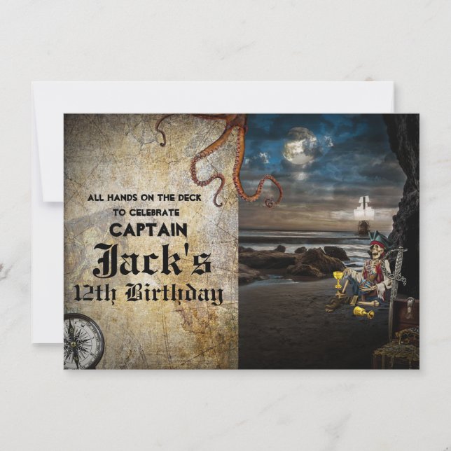 Invitation Fête d'anniversaire de squelette de pirate sur la  (Devant)