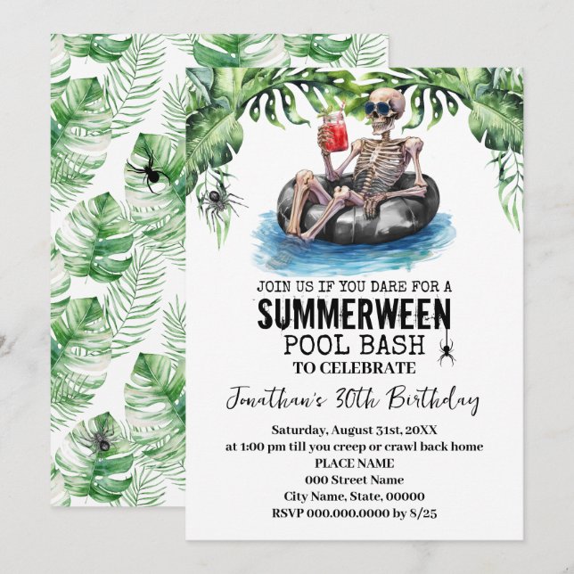 Invitation Fête d'anniversaire de squelette tropical de Summe (Devant / Derrière)
