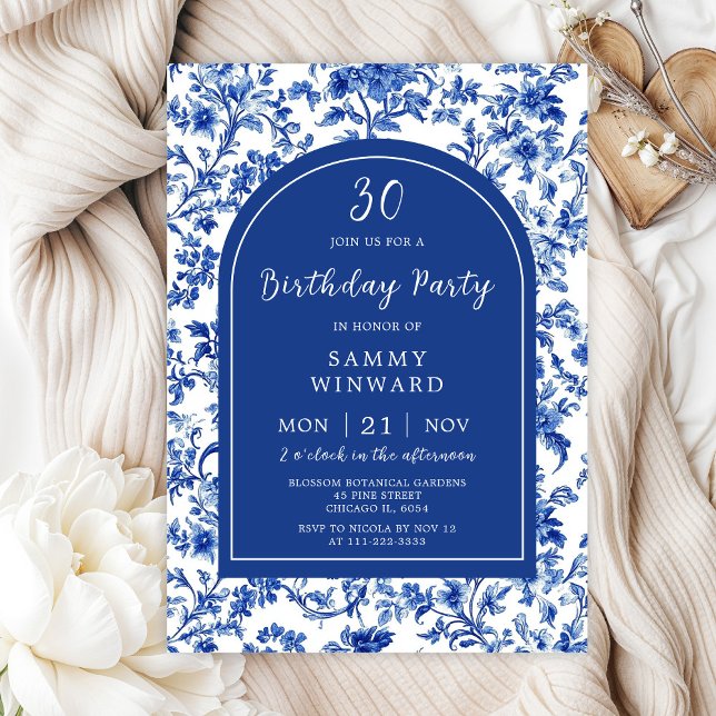 Invitation Fête d'anniversaire de style antique bleu de Delft (Créateur téléchargé)