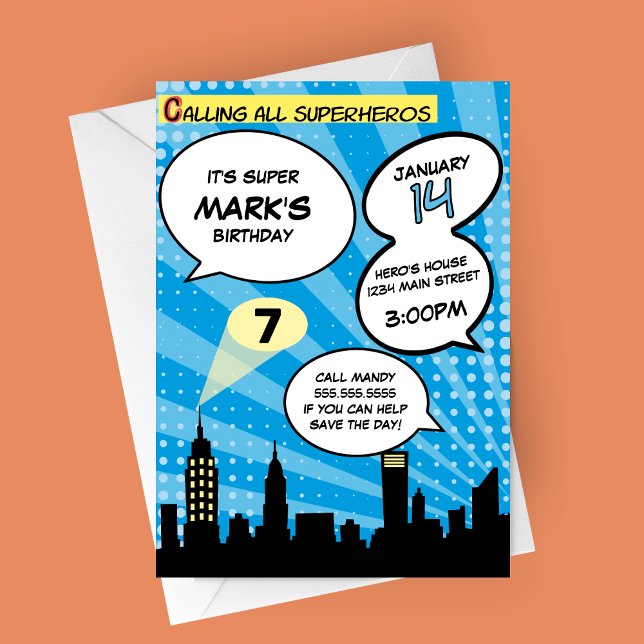 Invitation Fête d'anniversaire de style bande dessinée de sup (Blue Comic Book Superheros Birthday Party Invitation)
