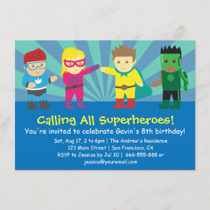 Invitation Fête d'anniversaire de super-héros colorée pour le