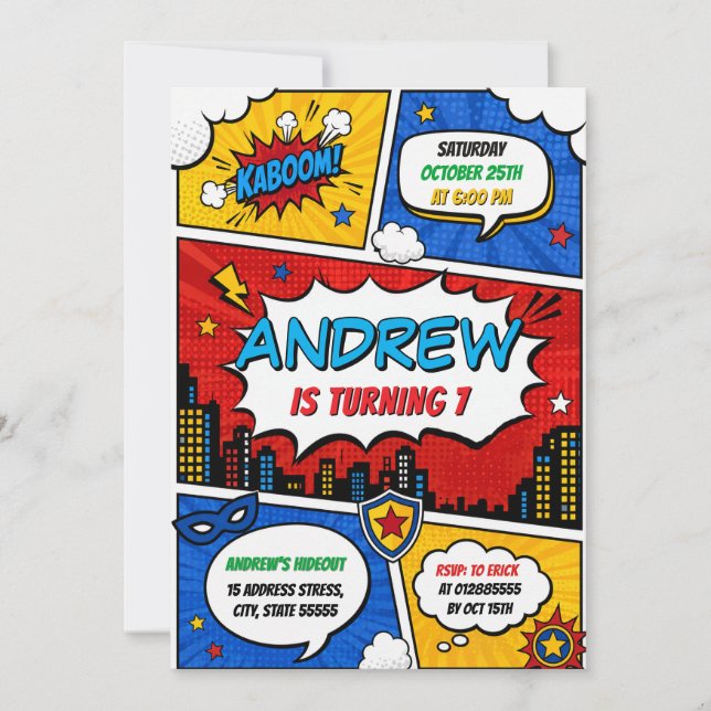 Invitation Fête d'anniversaire de super-héros de bande dessin (Devant)