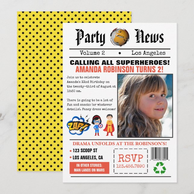 Invitation Fête d'anniversaire de super-héros de journal (Devant / Derrière)