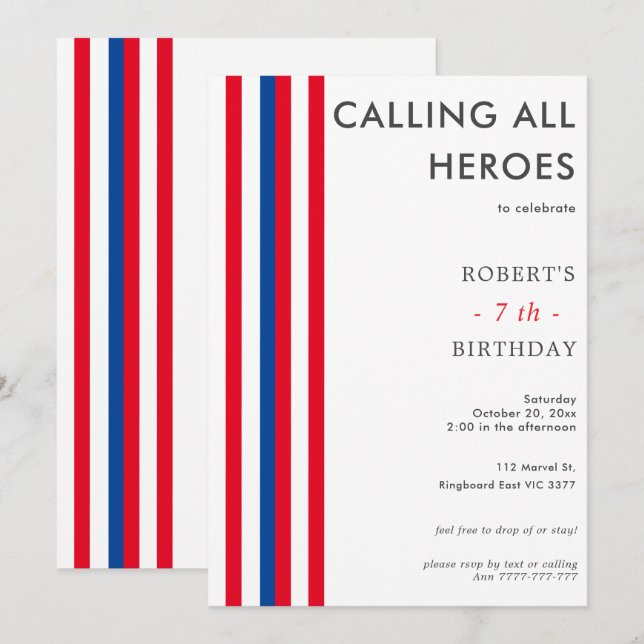 Invitation Fête d'anniversaire de super-héros inspirée des ba (Devant / Derrière)