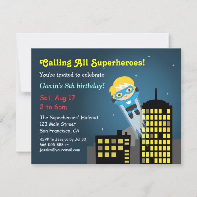 Invitation Fête d'anniversaire de super-héros volant mignon (Devant)