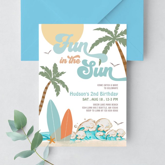 Invitation Fête d'anniversaire de surf fun sous le soleil sur (Créateur téléchargé)
