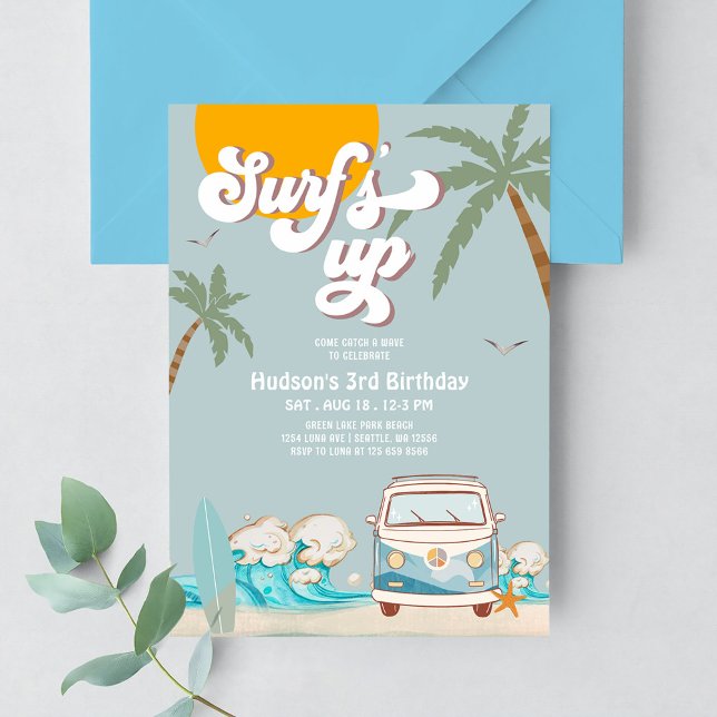 Invitation Fête d'anniversaire de surf Retro Boy Surf's Up (Créateur téléchargé)