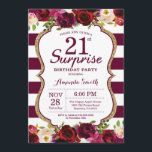 Invitation Fête d'anniversaire de surprise florale de<br><div class="desc">Invitation de fête d'anniversaire de surprise florale de Bourgogne 21ème pour des femmes. Rouge de Bourgogne et invitation de fête d'anniversaire d'or. Parties scintillantes d'or. Fleur florale d'aquarelle de Bourgogne. Bourgogne et rayures blanches. 13ème 15ème 16ème 18ème 20ème 21ème 30ème quarantième cinquantième soixantième soixante-dixième quatre-vingtième quatre-vingt-dixième 100th, tous âges. Digitals...</div>