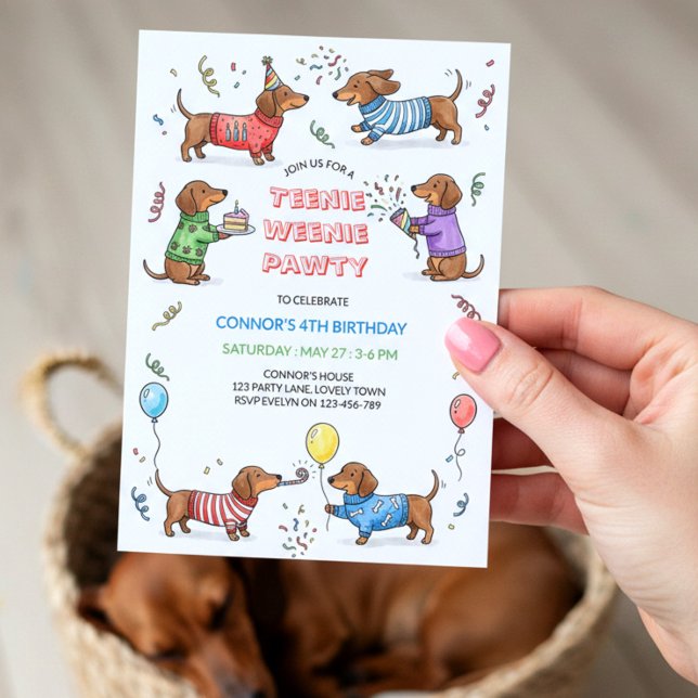 Invitation Fête d'anniversaire de teckel de chien de Vienne m (Dachshund Wiener Dog themed "teenie weenie pawty" - birthday invitation for any age kids or puppies!)