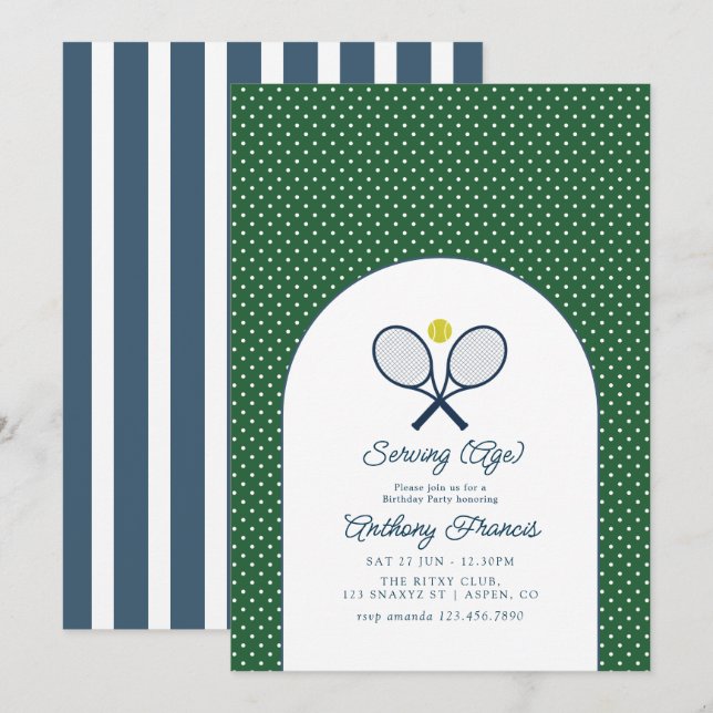 Invitation Fête d'anniversaire de tennis à l'âge de servir (Devant / Derrière)