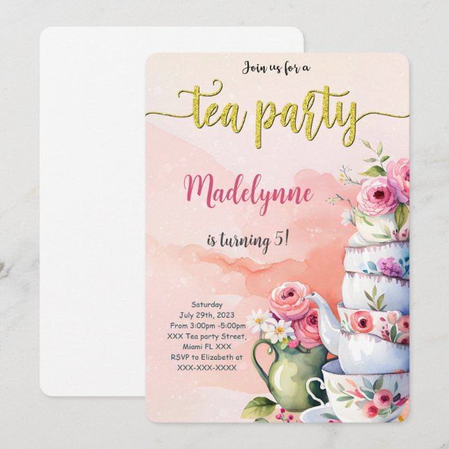 Invitation Fête d'anniversaire de thé modifiable (Devant / Derrière)