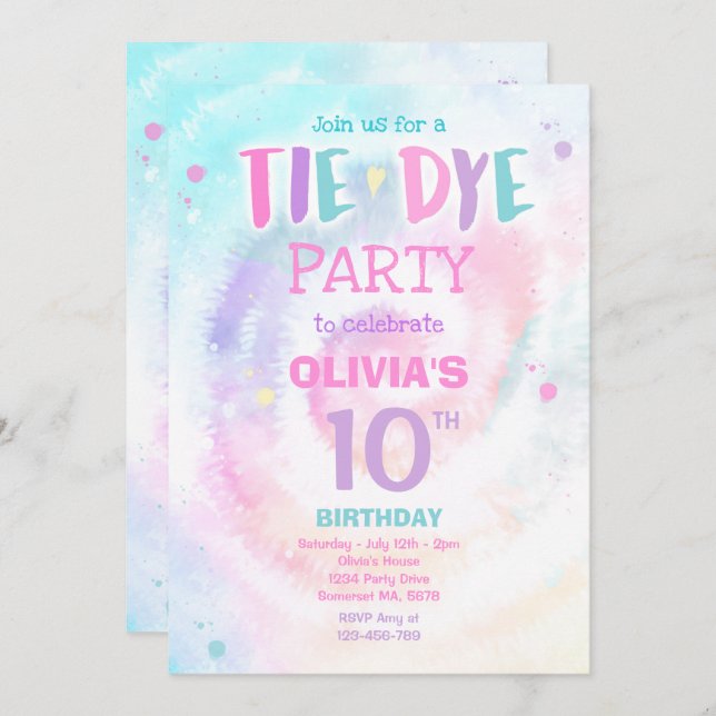 Invitation Fête d'anniversaire de Tie Dye Pastel Tie Dye Hipp (Devant / Derrière)