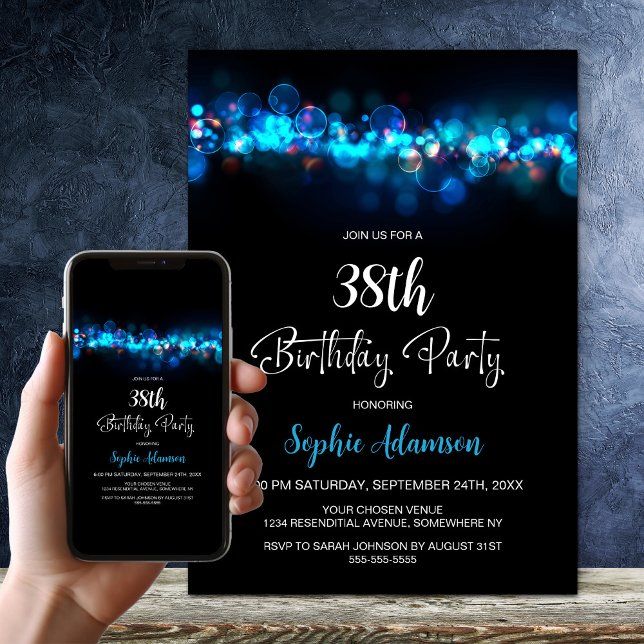 Invitation Fête d'anniversaire de tout âge à effet Bokeh bleu (Créateur téléchargé)