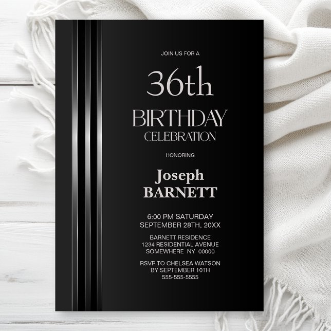 Invitation Fête d'anniversaire de tout âge à rayures argentée (Créateur téléchargé)