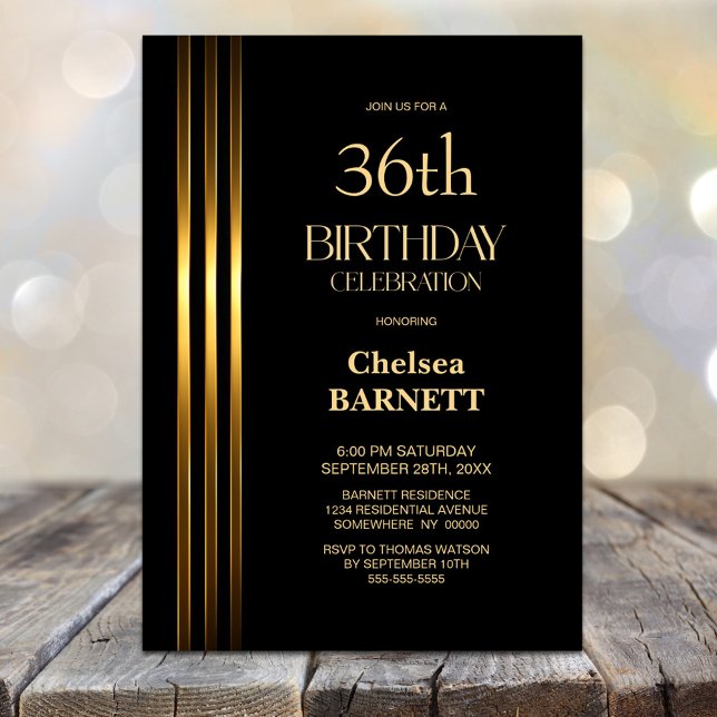 Invitation Fête d'anniversaire de tout âge à rayures dorées e (Créateur téléchargé)