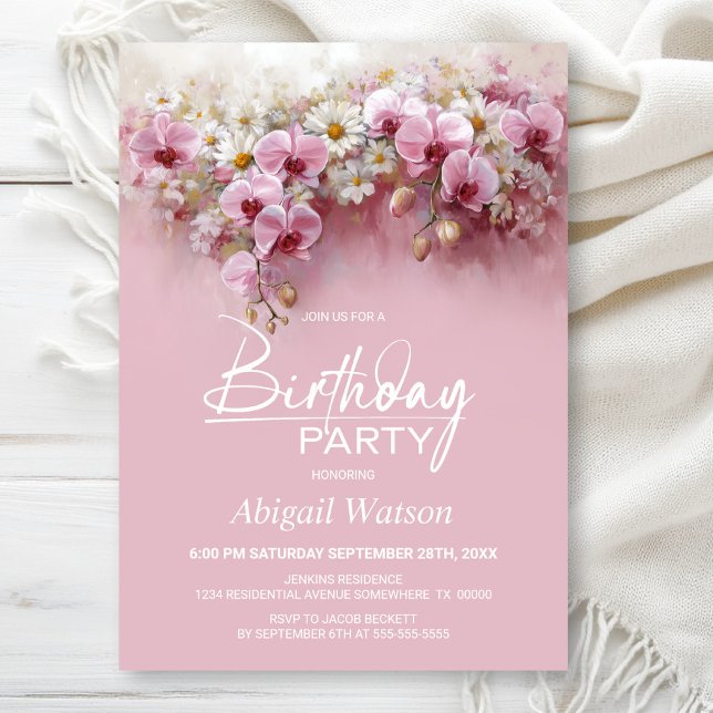 Invitation Fête d'anniversaire de tout âge aux fleurs d'orchi (Créateur téléchargé)