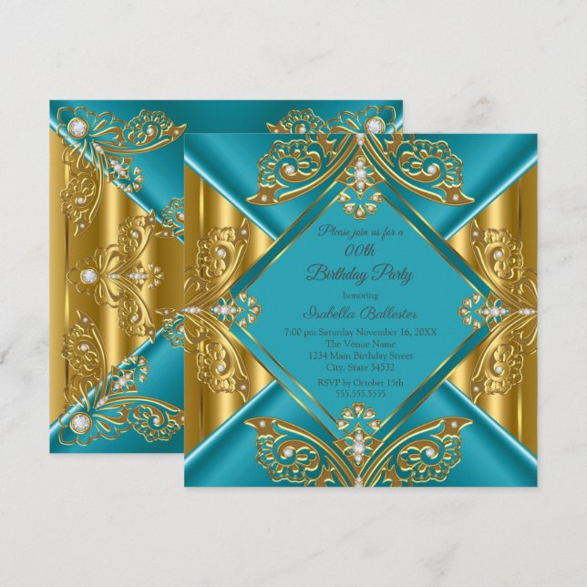 Invitation Fête d'anniversaire de tout âge Bleu sarcelle Diam (Devant / Derrière)