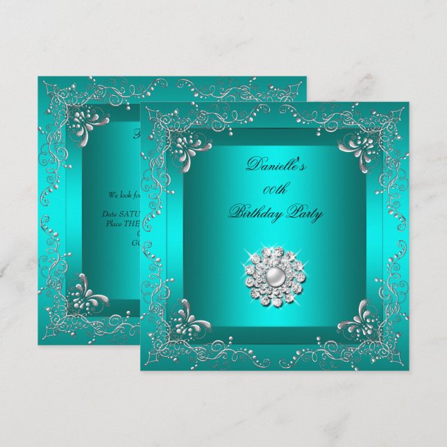 Invitation Fête d'anniversaire de tout âge Teal Blue Diamond  (Devant / Derrière)