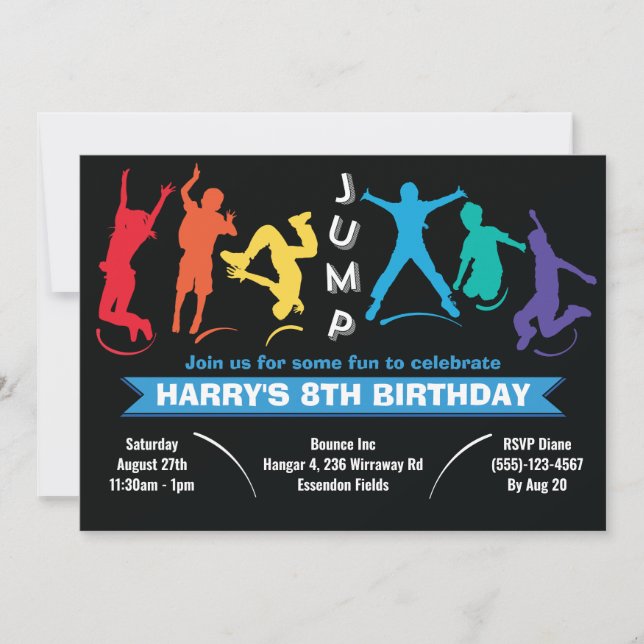 Invitation Fête d'anniversaire de trampoline à saut arc-en-ci (Devant)