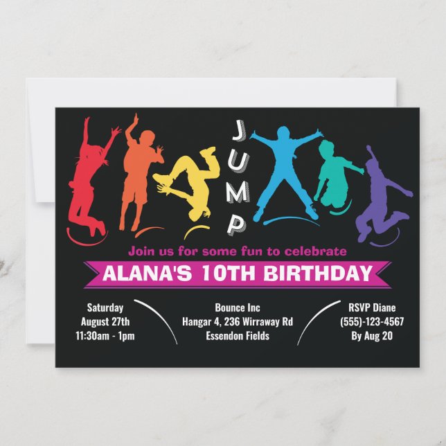Invitation Fête d'anniversaire de trampoline à saut arc-en-ci (Devant)