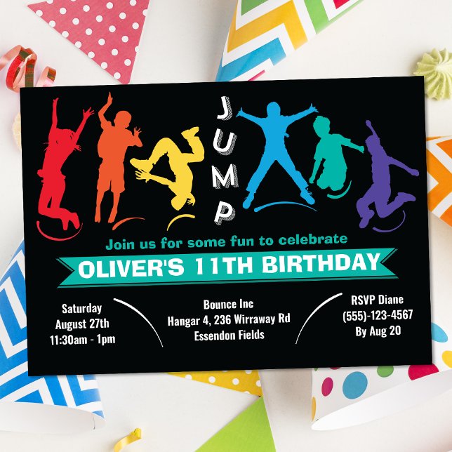 Invitation Fête d'anniversaire de trampoline à saut arc-en-ci (Créateur téléchargé)
