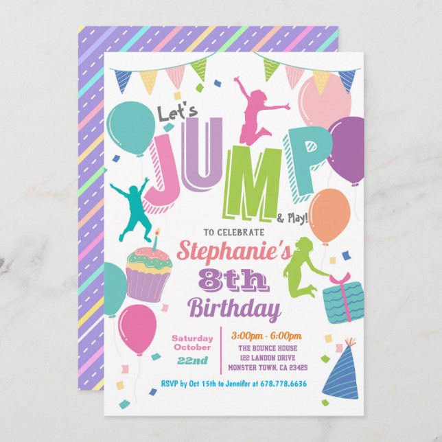 Invitation Fête d'anniversaire de Trampoline. Saut coloré des (Devant / Derrière)